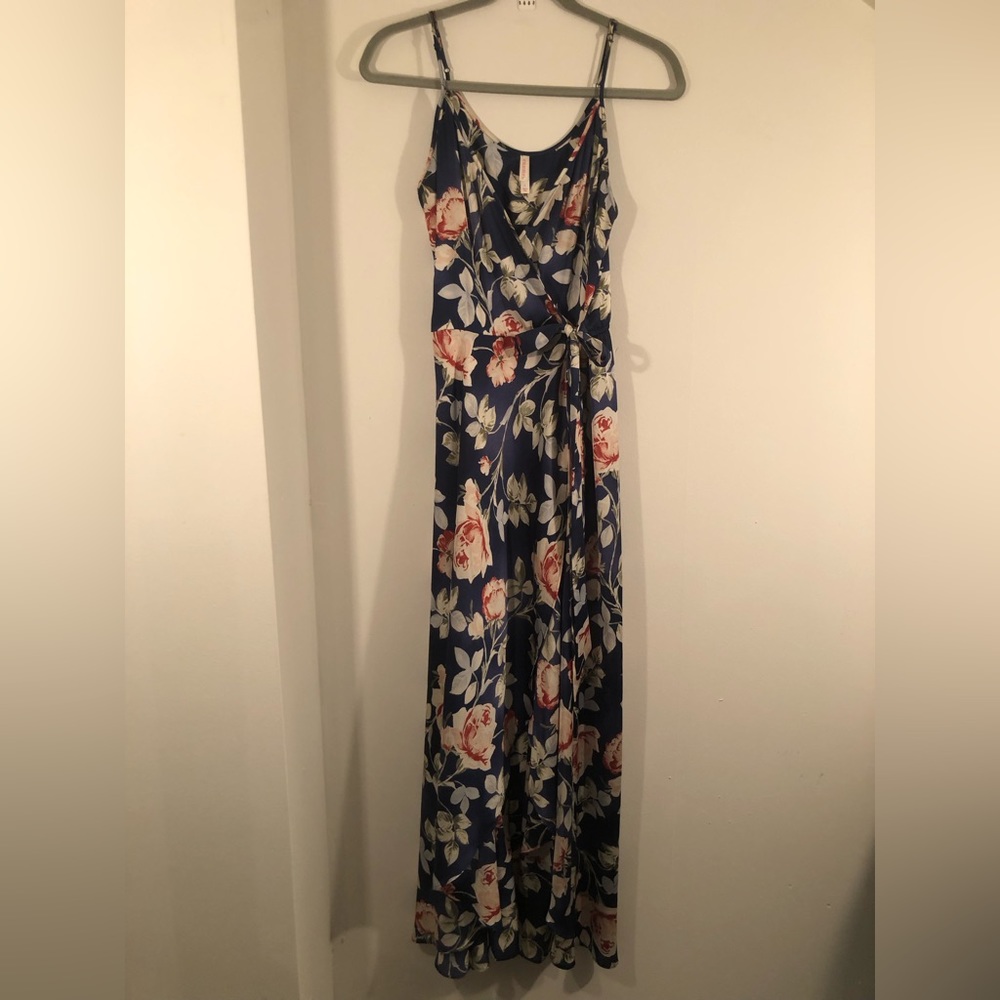 Xhilaration Floral Maxi Dress with crossover with snap and tie multicolored